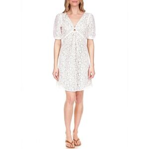 Michael Kors White Floral Lace Puff Sleeve V Neck‎ Mini Dress
